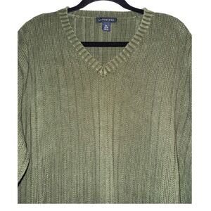 Lands' End Mens XL Olive Green V Neck Cable Knit Cotton‎ Sweater Classic Casual